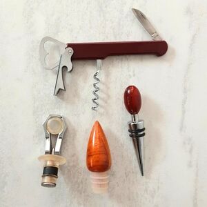 Wine Bundle: Pocket Opener & Three Bottle Stoppers, Wine Gift